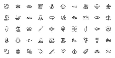 Sealife icon set. Minimal linear icons. Ocean life icon pack. Related to whale, shark, octopus, turtle, coral, lighthouse, boat, anchor, starfish, jellyfish and more. Editable vector stroke. © wang