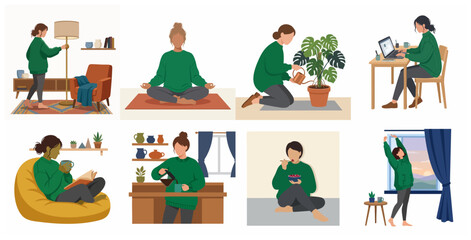 Fototapeta premium Collection of flat vector illustrations depicting a young woman's daily routine at home including work, relaxation, meditation, and self-care