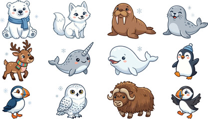 Cute Arctic animals cartoon vector illustration set, polar bear, penguin, walrus, seal, narwhal © Jarin