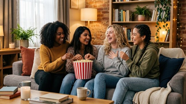 Friends gather on a couch in a cozy living room to enjoy popcorn and share laughter during a movie night together