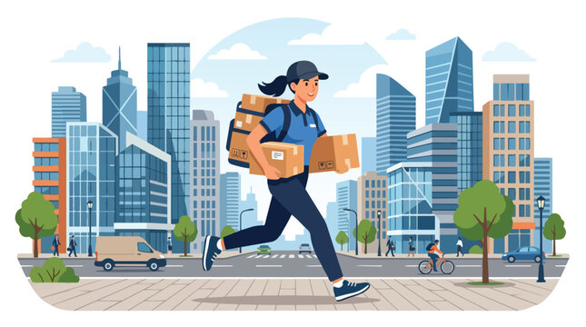 A young female courier running through the city with cardboard packages.