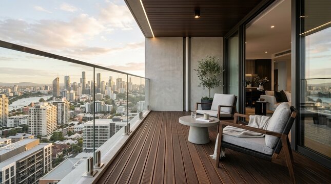 View from a balcony overlooking a city skyline with modern furniture during sunset in an urban setting