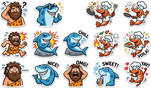 Cute cartoon character sticker set featuring funny caveman emoji expressions cool sharks and shrimp chef culinary vectors