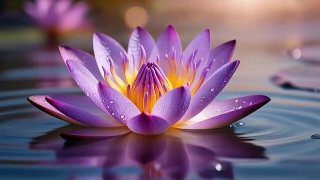 A breathtaking close-up of a vibrant purple water lily with morning dew, floating peacefully on a tranquil pond surface with soft, cinematic golden light.