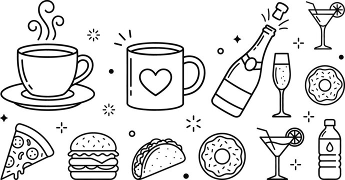 Food and drink outline icon set featuring coffee mug champagne pizza burger taco donut and cocktail vector elements