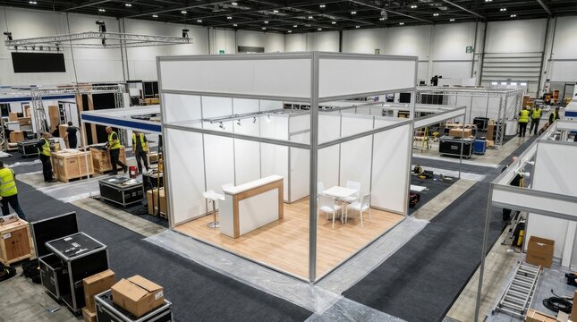 Modern Exhibition Stand Setup at a Large Trade Fair Convention Center Venue with Assembly Crew