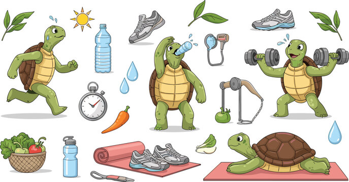 Cute cartoon turtle fitness character set running lifting dumbbells drinking water and exercising healthy lifestyle vector illustration