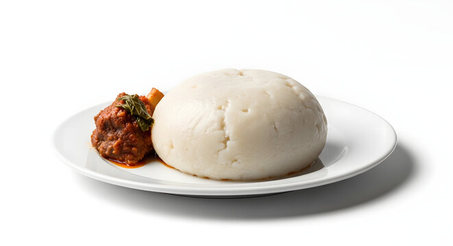 Healthy African food, famous in Liberia, Nigeria, and Ghana which is fufu served on a white plate against matching white background