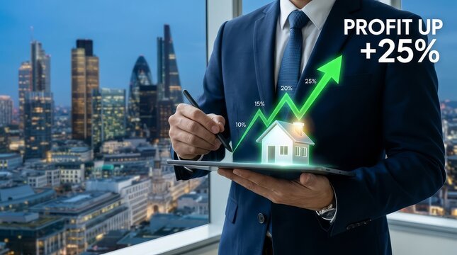 Professional businessman analyzing real estate market growth with a digital tablet showing a rising profit chart and house icon against a modern city skyline backdrop