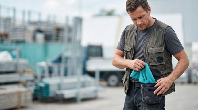 Industrial worker storing cooling towel in utility pouch at construction site during workplace heat safety program