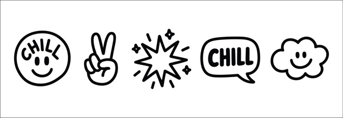 Fototapeta premium Hand drawn black and white doodle icons featuring a chill smiley face, peace sign, sparkling star, speech bubble and sleeping cloud, relaxed positive vibe vector illustration design concept.