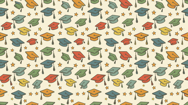 Vibrant kindergarten graduation vector pattern with colorful caps