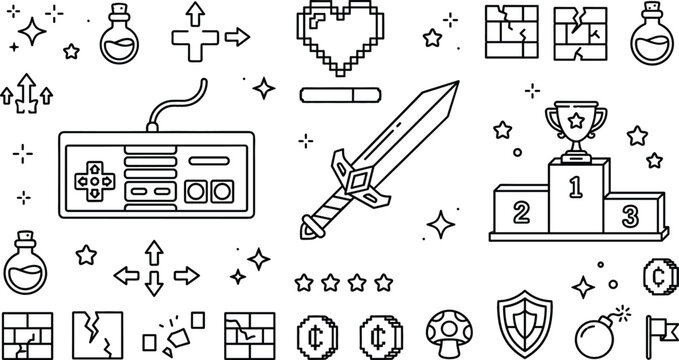Retro video game line art icon set with controller sword trophy pixel heart bomb potion shield arcade elements