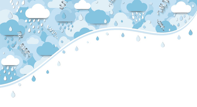Abstract blue paper cut cloud background featuring raindrops and silver curly streamers. The design includes layered 3D clouds in light blue and white with a large white curved copy space.