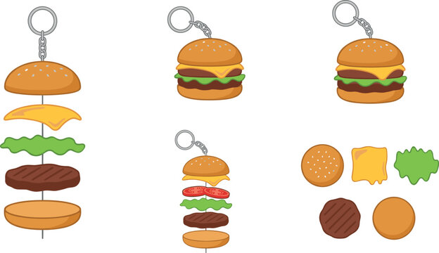 Burger Keychain Vector Illustration with Assembled and Disassembled Components