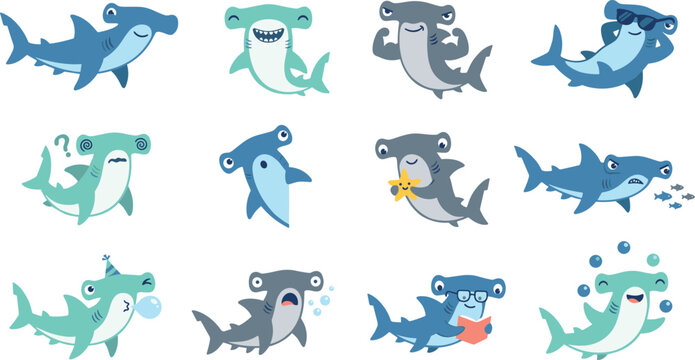 Cartoon Hammerhead Sharks Vector Illustration with Playful Expressions