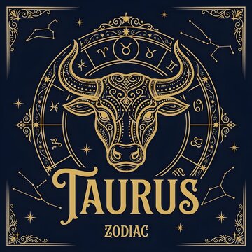 Vintage Taurus Zodiac Sign Golden Engraving Illustration