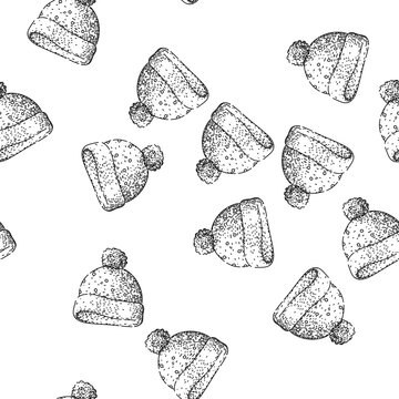 seamless pattern chullo winter hat hand drawn. cloche fedora, fleece fur, headwear knit chullo winter hat black sketch illustration