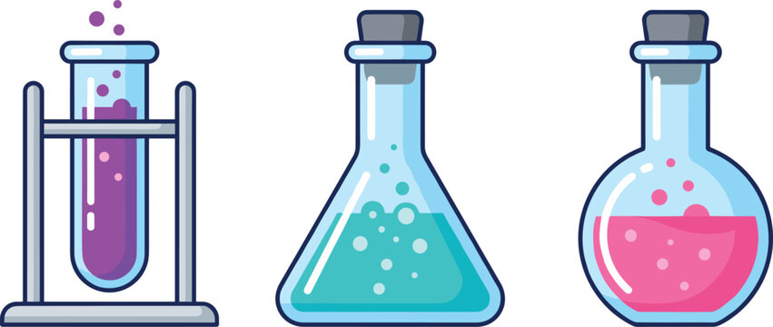 Science laboratory glassware vector illustration set with test tube erlenmeyer flask beaker with colorful bubbling chemical liquid isolated on white background for education design.