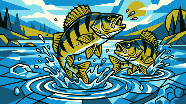 Perch fish vector jumping out of blue water in stylized lake scene
