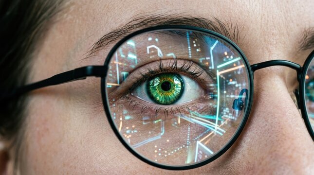 Futuristic Green Iris Close-Up with Glasses in Cityscape Learning efficiency reflects the ability to absorb, retain