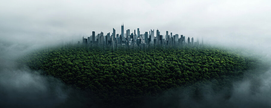Mysterious futuristic city skyline on floating island with green forest emerging from surreal, moody fog and cloud