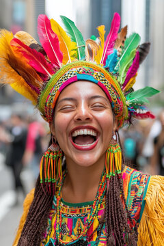 Joyful woman with colorful feather headdress laughing at vibrant festival. Her expression is pure happiness