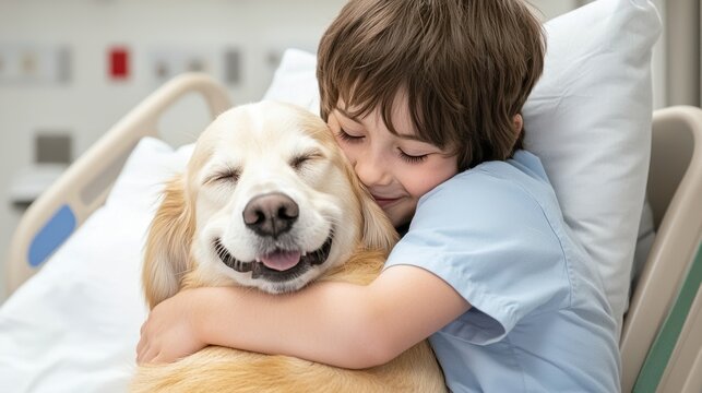 Child therapy dog in hospital service and assistance medical environment heartwarming concept