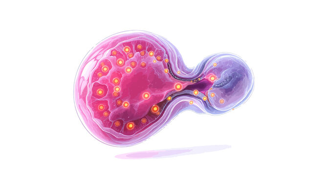 Microscopic view of budding yeast cell division, illustrating cellular process and biological growth