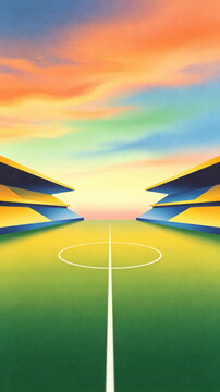 Wide Shot Football Pitch Center Line, Colorful Sunset Sky with Swirling Gradient Clouds and Blue Yellow Stadium Stands