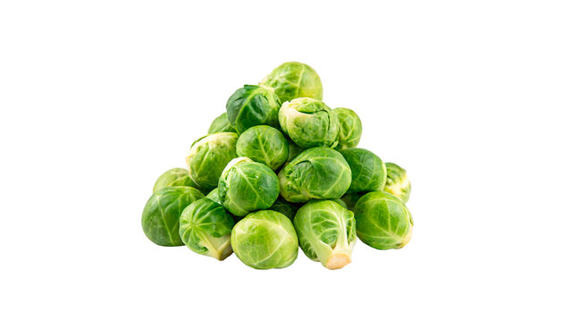 Pile of fresh organic green Brussels sprouts vegetables isolated on transparent background cut out