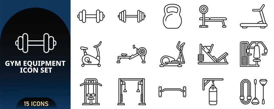 Gym Equipment Line Icon Set with Dumbbell Barbell Kettlebell Treadmill Bench Press Stationary Bike Rowing Machine Punching Bag Outline Vector Icons