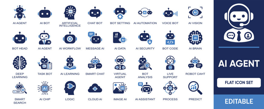 AI Agent and Machine Learning editable solid icon set. Vector symbol for ai bot, chatbot, ai vision, deep learning, voice bot, workflow, automation. Artificial intelligence & virtual assistant icons.