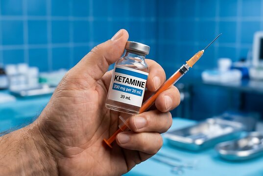 Hand holding vial of ketamine anesthetic medication with syringe for injection medical procedure drug administration healthcare pain relief anesthesia deep sedation.
