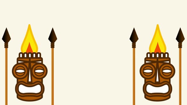 Two tall tiki warrior statues with spears stand on a decorated platform against a light beige background in a game scene