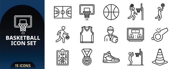 Basketball Line Icon Set with Court Hoop Ball Slam Dunk Player Dribbling Jersey Coach Scoreboard Whistle Tactics Medal Sneaker Cone Vector Icons Pack © JK