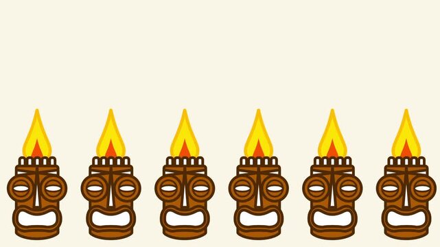 A row of seven tiki warrior statues with flame headdresses stand side by side in a colorful tribal game scene