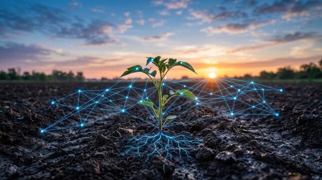 Green plant in freshly plowed soil under blue Maize seedling cultivated agricultural field with graphic