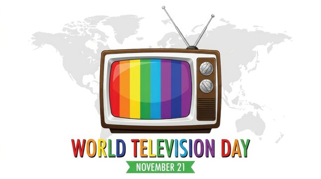 World television day concept with vintage retro style tv receiver displaying rainbow color test pattern on backdrop.