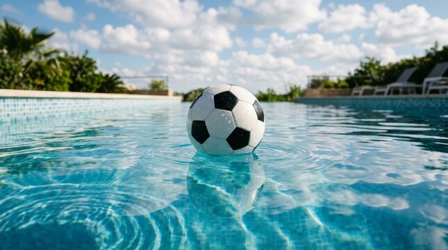 Soccer Ball Floating in a Sunny Swimming Pool with Blue Sky and Clouds