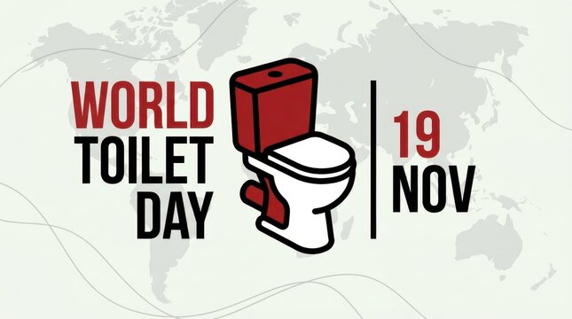 World toilet day poster featuring isometric red and white commode over grey world map for global health awareness.