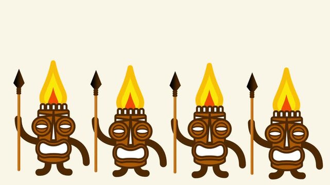Three tiki warrior statues holding spears stand in a line together on a plain beige game background setting