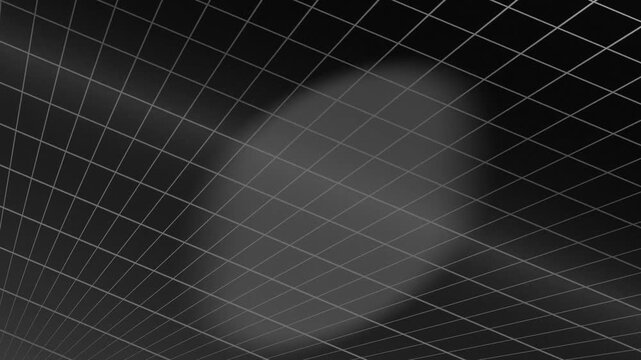 Glowing White Grid Lines on Black Background Creating Spherical Distortion Effect