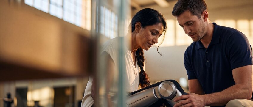 Physiotherapist adjusting prosthetic leg patient in rehabilitation clinic; male doctor examining bionic limb of mature Indian woman during therapy session for recovery, empowerment and mobility suppor