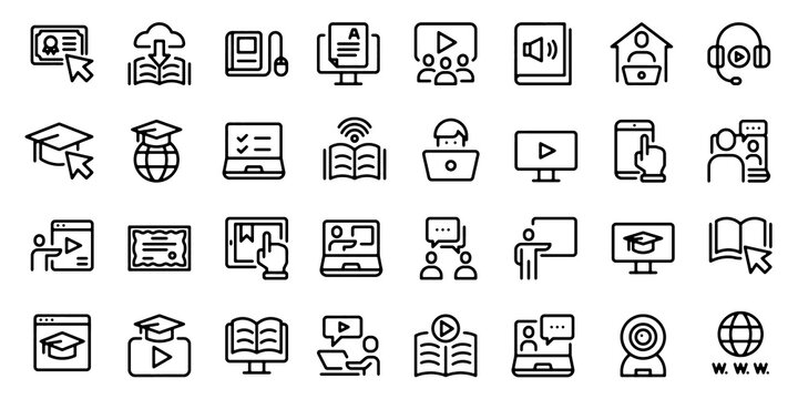 Online Education Line Icon Set. E Learning Digital and Learning Study Vector Illustration on Transparent Background