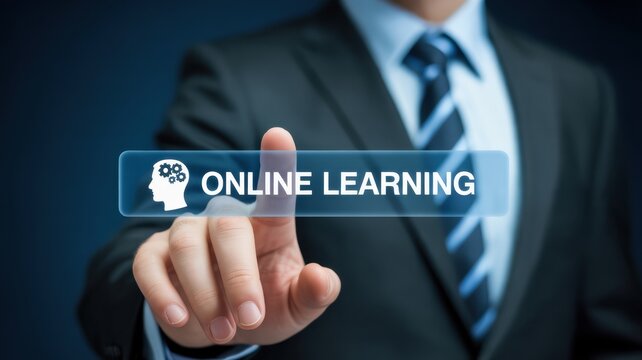 Online Learning Concept with Businessman Touching Digital Education Button Icon Screen
