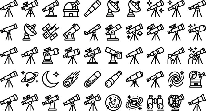 Astronomy telescope and space observatory line icon set featuring stargazing equipment radar dishes binoculars cosmos planets and optical vector elements