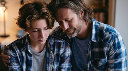 Fototapeta premium The family bond between father and son in a warm home.