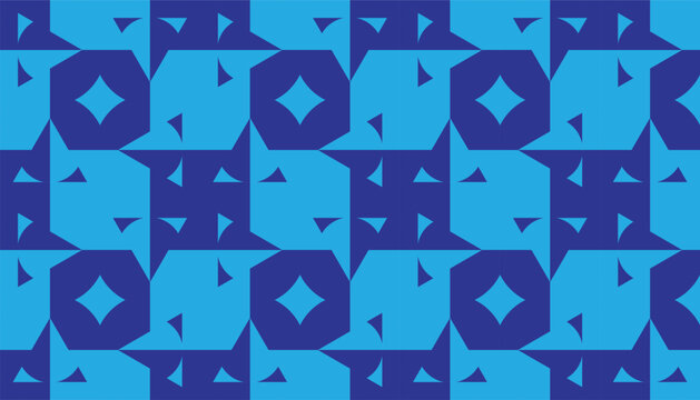 A modern seamless geometric pattern featuring repeating abstract shapes, polygons, and star motifs. Designed with a clean two-tone blue color palette