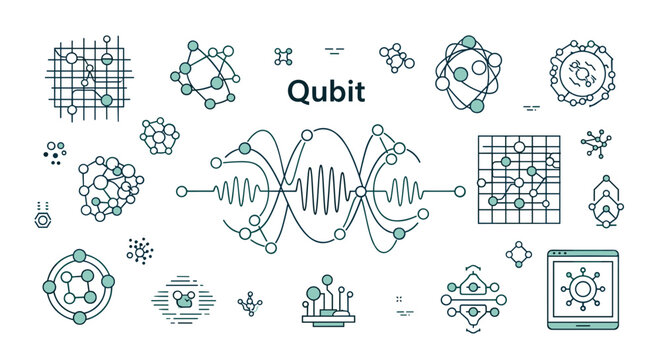 Quantum Computing Qubit Technology Icons Set.